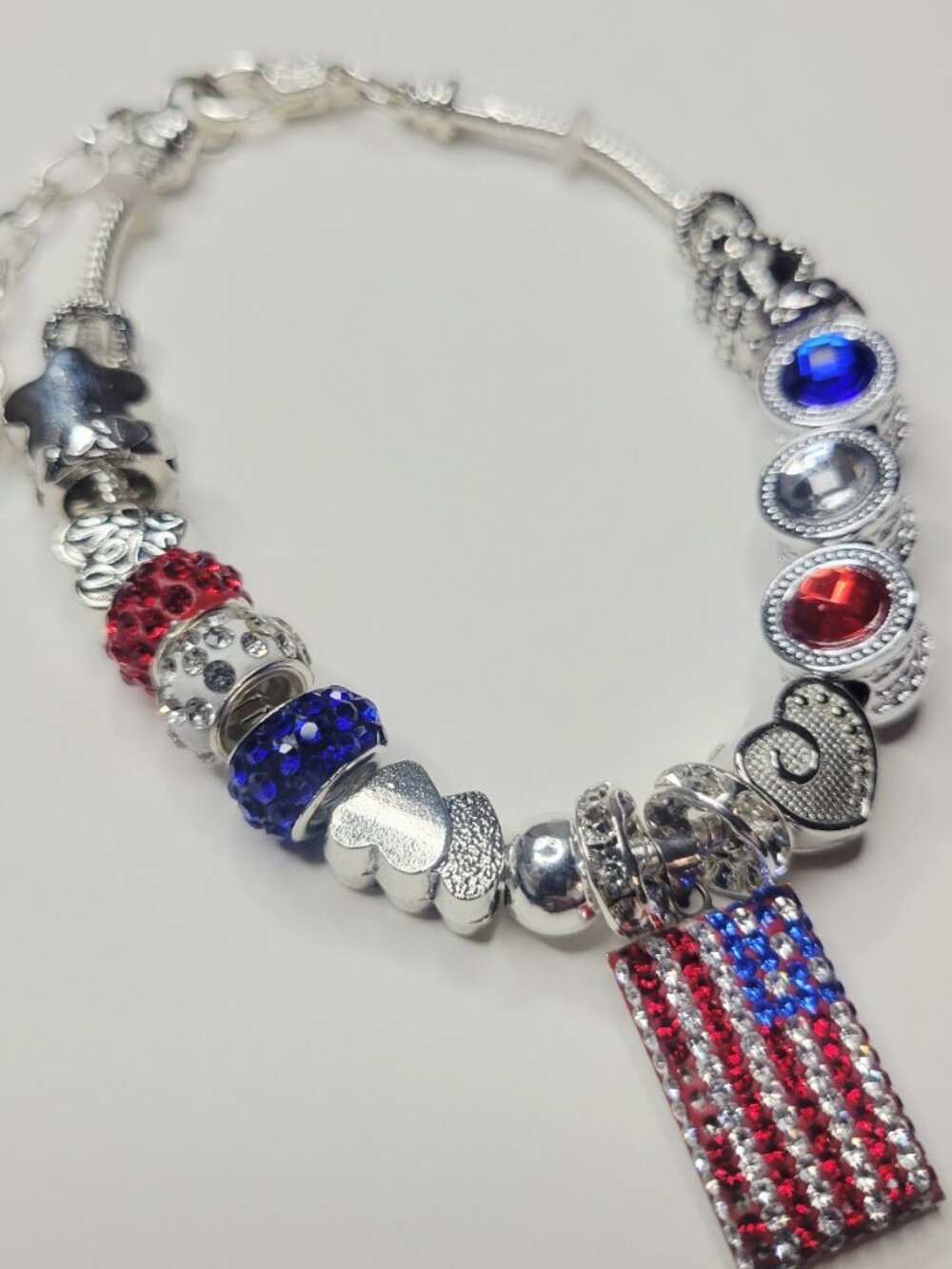 NWT Patriotic Pandora Style Charm Bracelet American Flag Red White Blue America